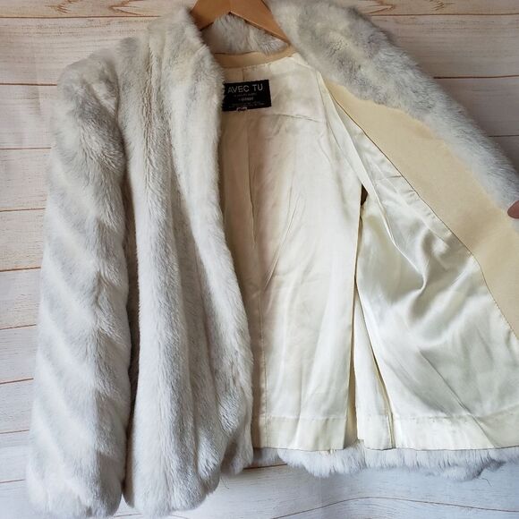 Vintage Avec Tu Glenoit Lined Faux Fur Coat 1970 Size 13 Made in USA Cream Gray - Picture 3 of 16